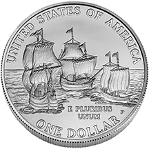 This is an image of the coin ‘Constant, Godspeed, and the Discovery’ by Susan Gamble from the U.S. Mint site.