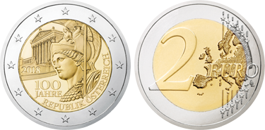 Austria - 100th Anniversary of the Founding of the Austrian Republic: 2 Euro, Bi-Metallic